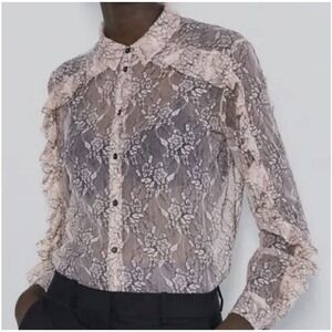 Zara Pastel Pink Delicate Ruffle Lace Blouse Size M NWOT Y2K Boho Fairy Feminine